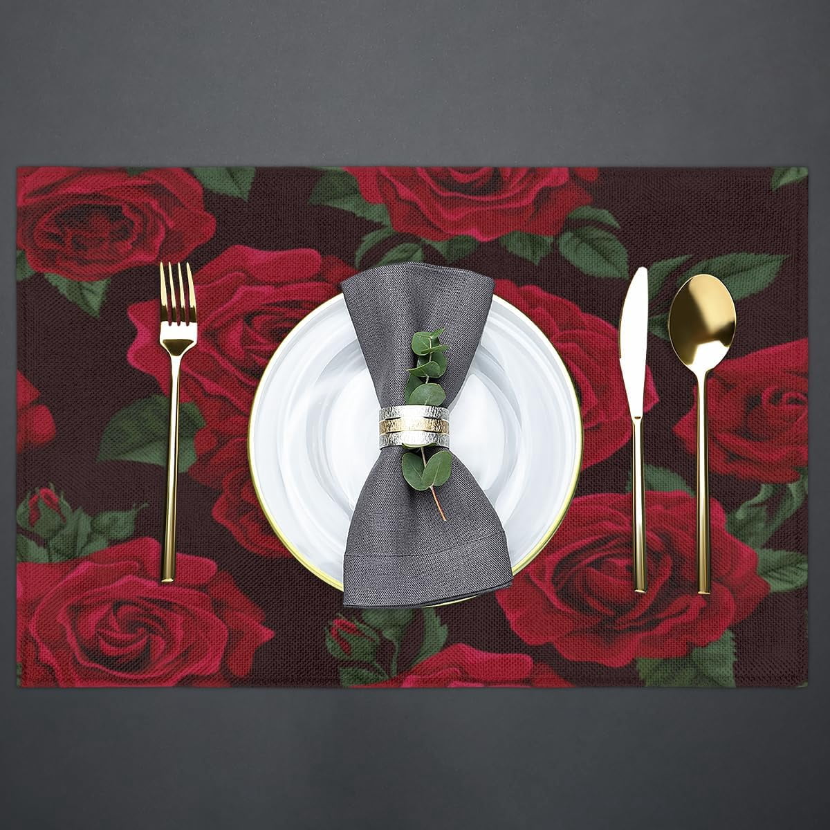 Placemats Set of 6 Valentine''s Day Romance Roses Fabric Placemats Square Placemat for Kitchen Table Heat Resistant, Easy to Clean Table Placemats 12x18 Inch