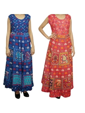 Mogul 2 Bohemian Blue Red Cotton Maxi Dress Elephant Print Sleeveless Boho Chic Gypsy Long Dresses L