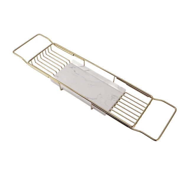 Plateau de Baignoire Rétractable, Organisateur de Baignoire en Acier Inoxydable et Marbre avec Trous de Drainage, Étagère de Bain Extensible avec Étagères Rétractables, Adapté à la Plupart des Baignoires, Cuisine