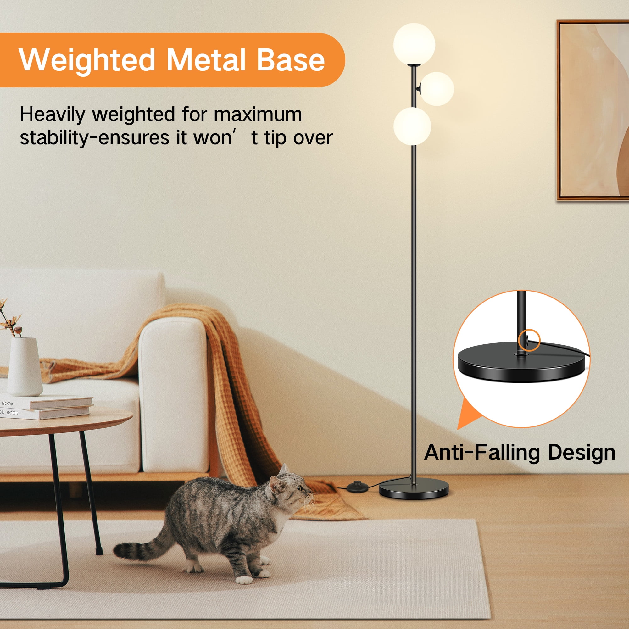 OUTON 71" Globe Floor Lamp for Living Room Clearance, Modern 3 light Standing Lamp with 3 Colors Temperatures, Dimmable Tall Lamp for Bedroom Office, Bulbs Included, Black