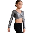 thumbnail image 3 of Haitryli Kids Girls Modern Jazz Ballet Dance Crop Top Long Sleeve Metallic Self-Tie Wrap Tee Black 130, 3 of 7
