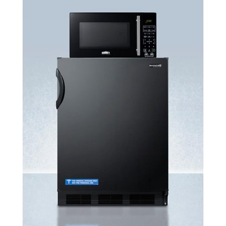 Counter height refrigerator-freezer and compact microwave in black with allocator and USB ports for 1-plug operation; ships in three boxes on one pallet
