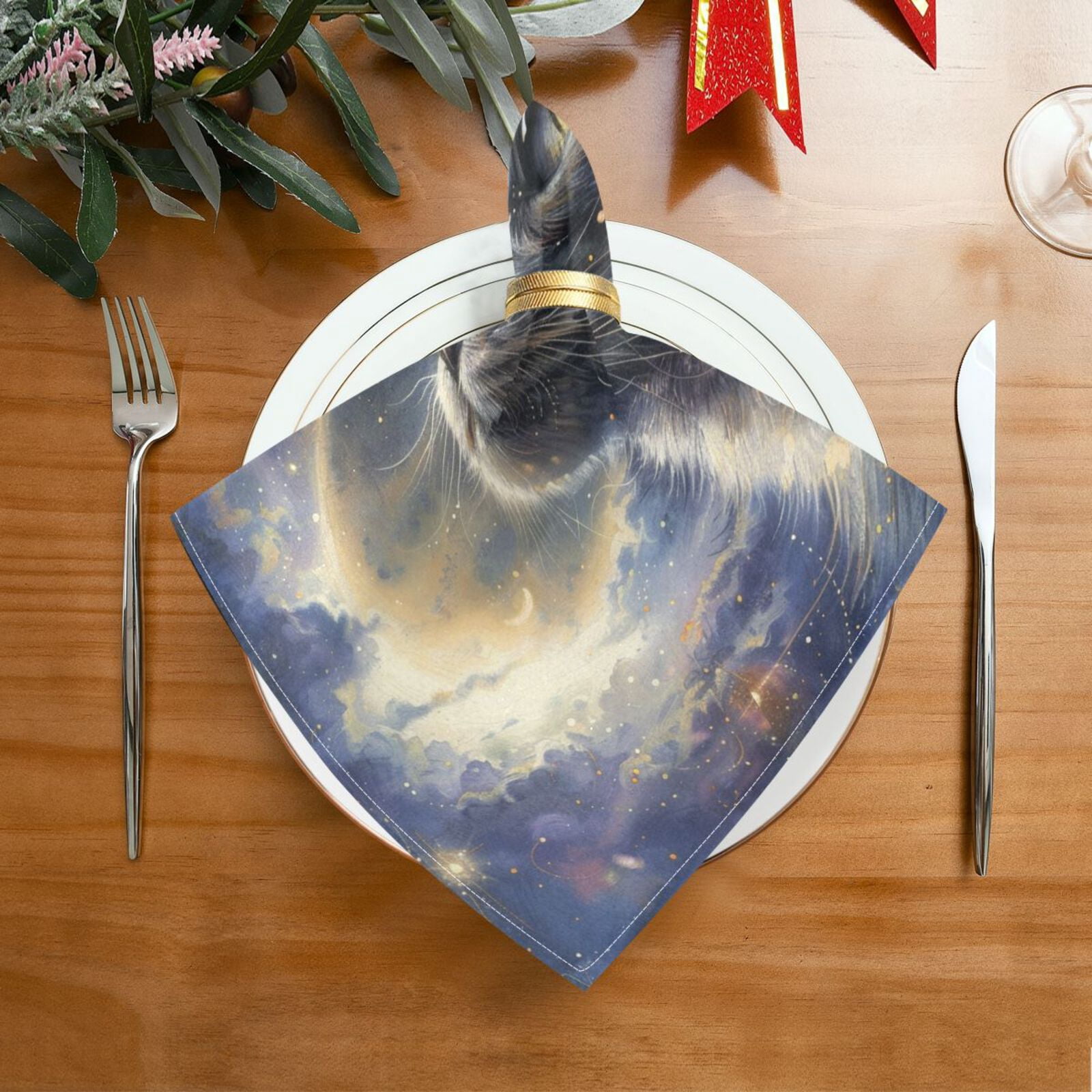 JSTEL Cat Kitten Starry Sky Galaxy Cloth Napkins Set of 6, 20x20 Inch Washable and Reusable Napkin for Decoupage Dinner Party Everyday Use