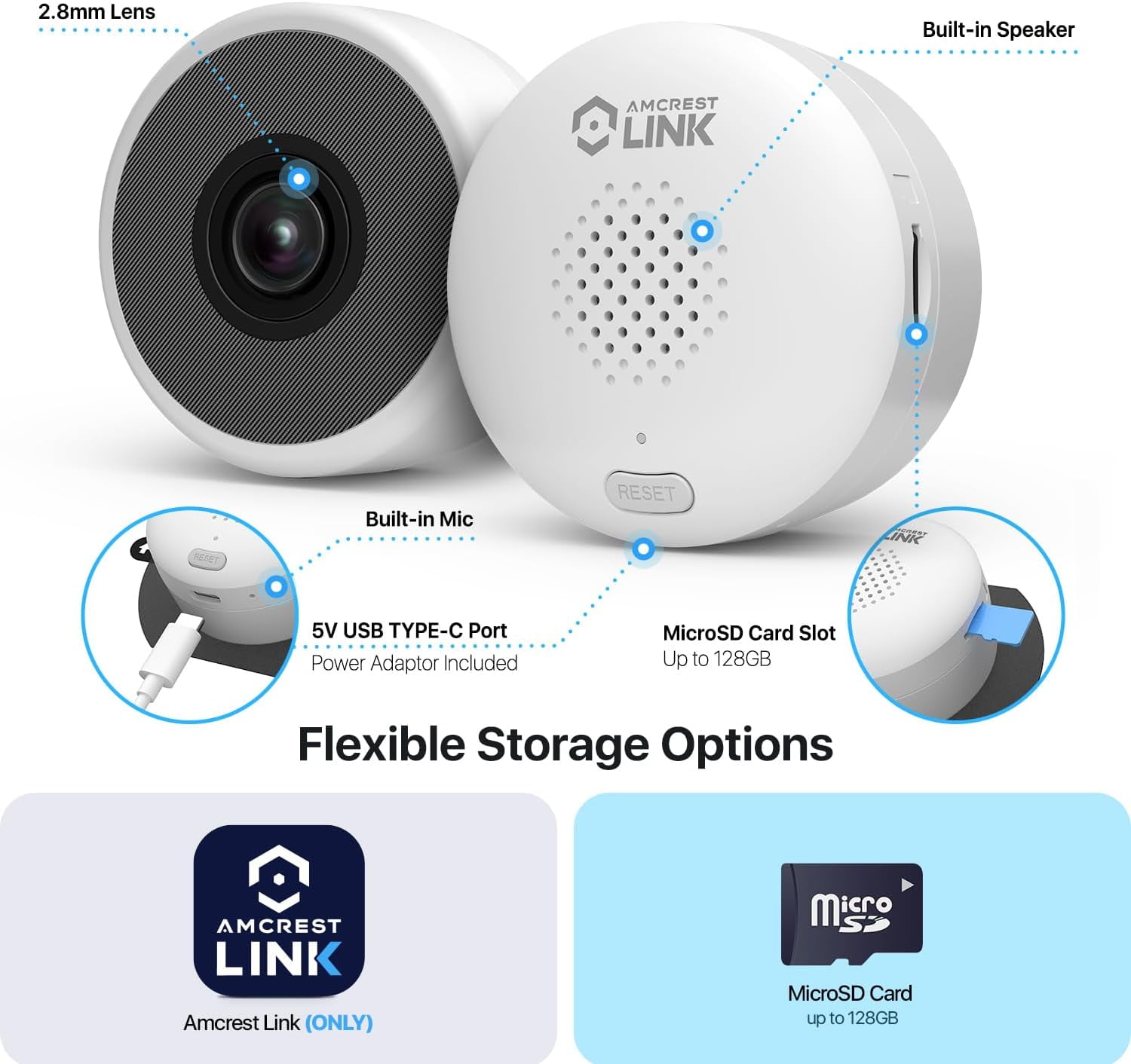 Amcrest Link 3MP 2K Window Camera, 2.4GHz&5GHz WiFi Indoor Camera, AI Human & Motion Detection, Wide Angle 100° FOV, Night Vision, 2-Way Audio, Wired Power, Supports MicroSD upto 128GB, AL-W301W