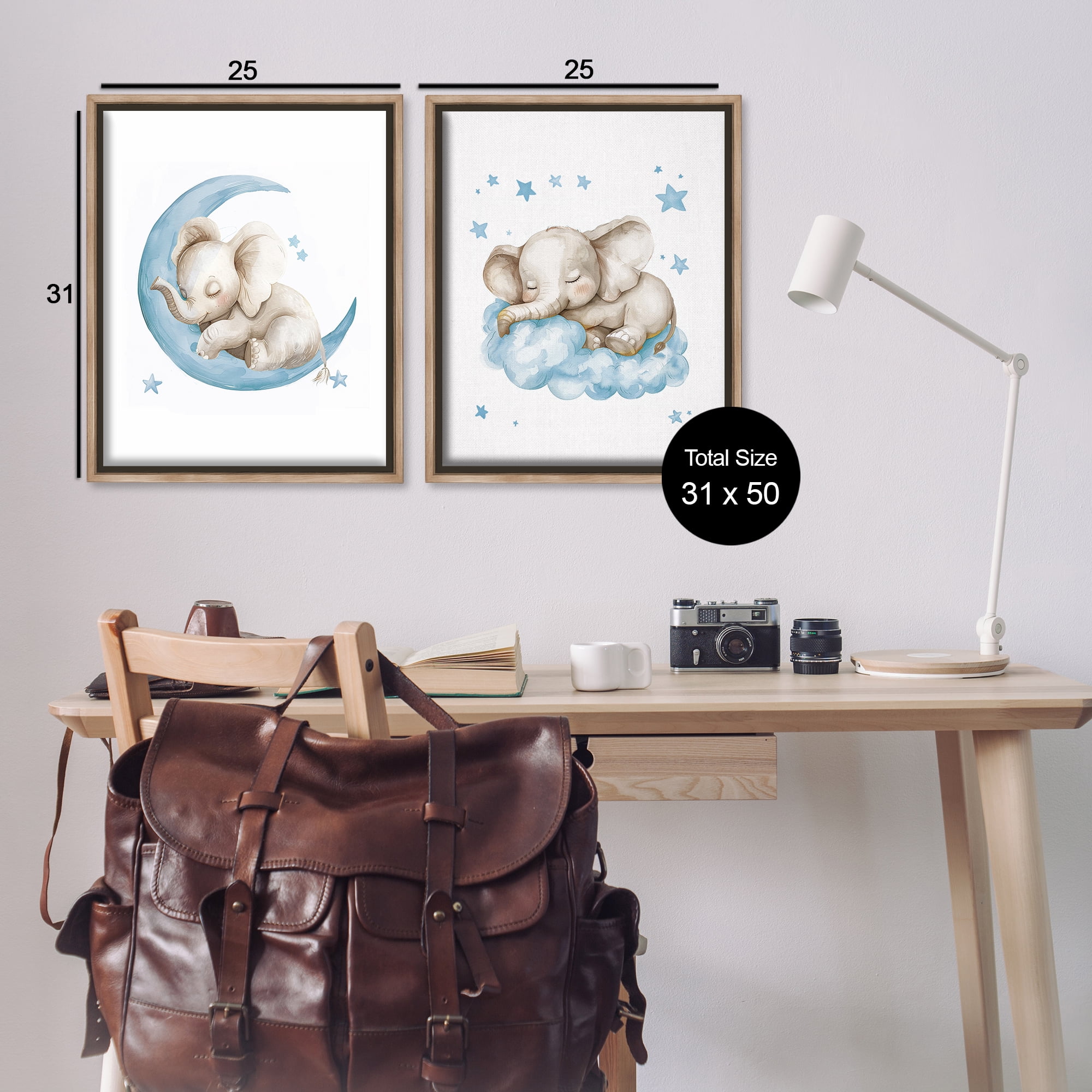 Stupell Industries Blue Sleepy Elephant Animals Painting Brown Floater Framed Canvas Art Print Wall Art, 31 x 25, Set of 2