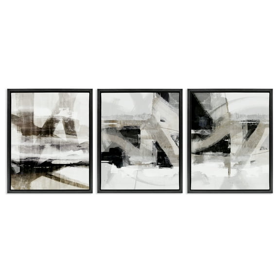 Stupell Industries Industrial Streaked Composition Abstract Painting Black Floater Framed Canvas Art Print Wall Art, 17 x 21, Set of 3