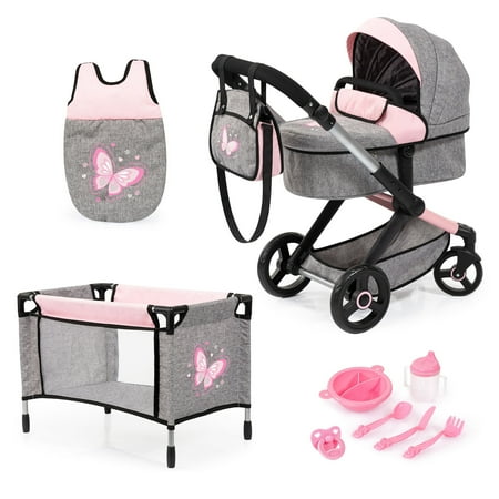 Bayer Design Dolls: Xeo Mega 10 Piece Set - Grey, Pink, Fairy - Pram, Bed, Handbag, Feeding & Care Accessories For Dolls Up to 18", Kids Toy, Ages 3+
