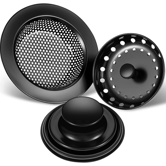 3 Pcs Kitchen Sink Drain Strainer and Stopper Stainless Steel Garbage Disposal Plug with Handle Universal Anti-Clogging Kitchen Sink Filter Sieve Basket Strainer(Black)