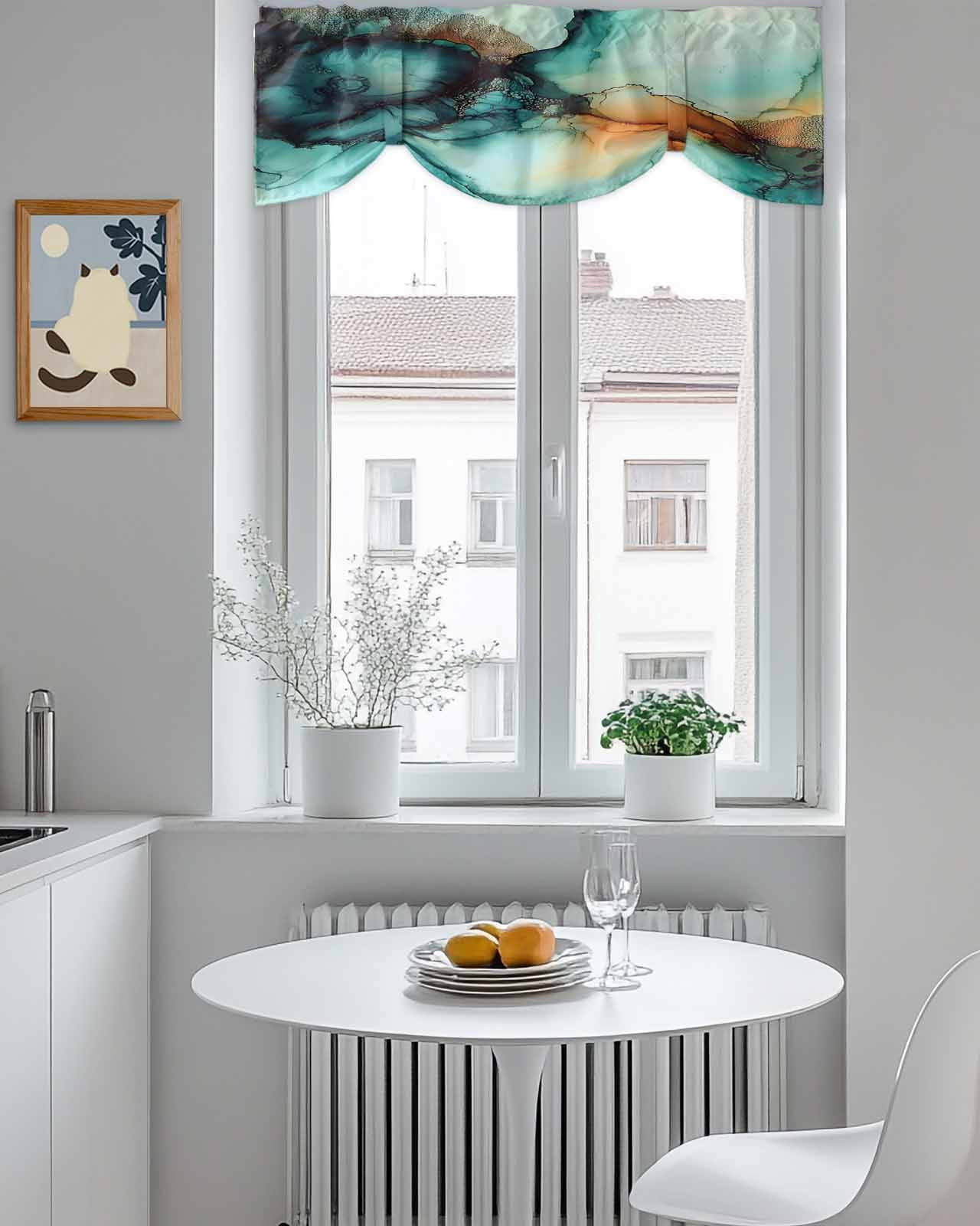 Abstract Water Ripple Art Tie Up Valances Curtain, Teal Green Orange Marble Texture Kitchen Valances for Windows Decor, Rod Pocket Short Curtains Set for Bedroom/Bathroom, 54"x18"