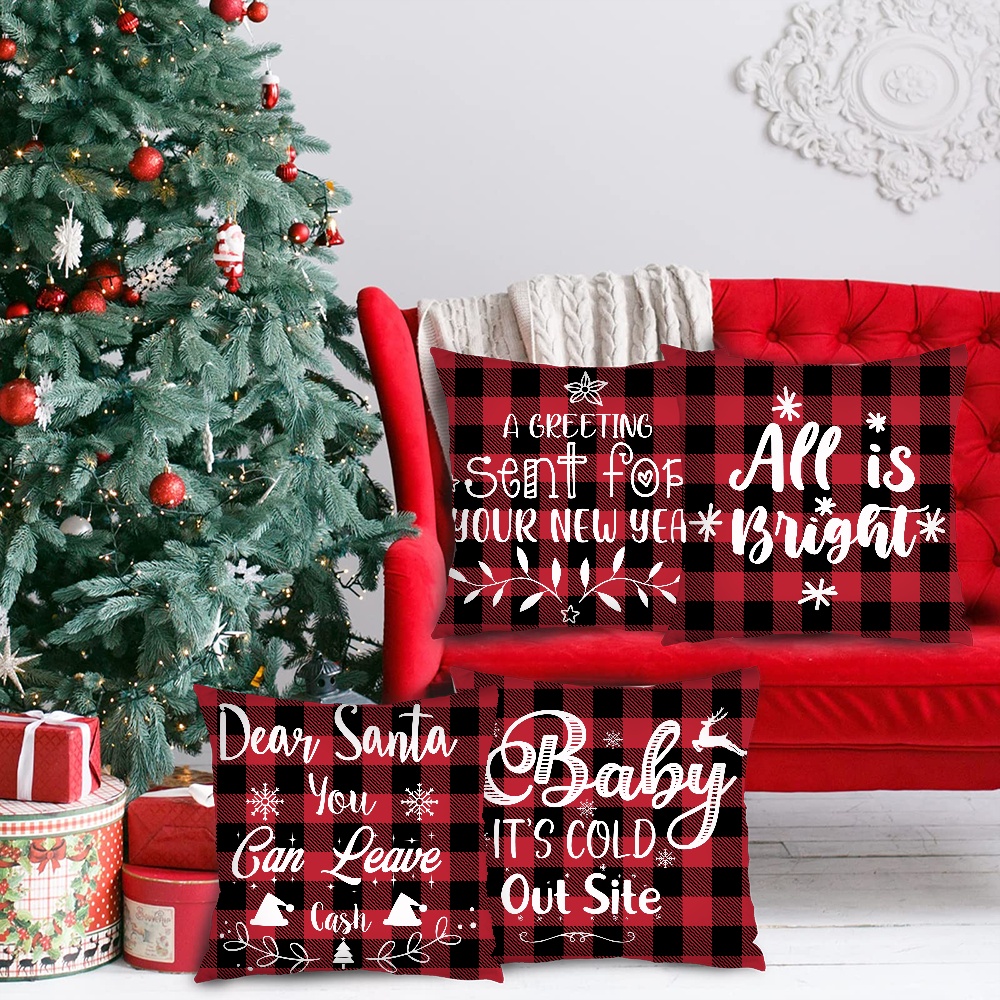 4Pcs Winter Farmhouse Throw Pillows Cover Decorations Holiday Buffalo Plaid Pillow Covers 18x18 Merry Christmas Pillows for Couch Sofa Home Decor Xmas Cushion Covers Outdoor Decor - image 3 of 9