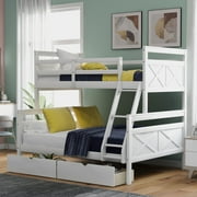 Fashion Modern Twin over Full Bunk Bed with Ladder, Twin Size Trundle, Safety Guardrail, White