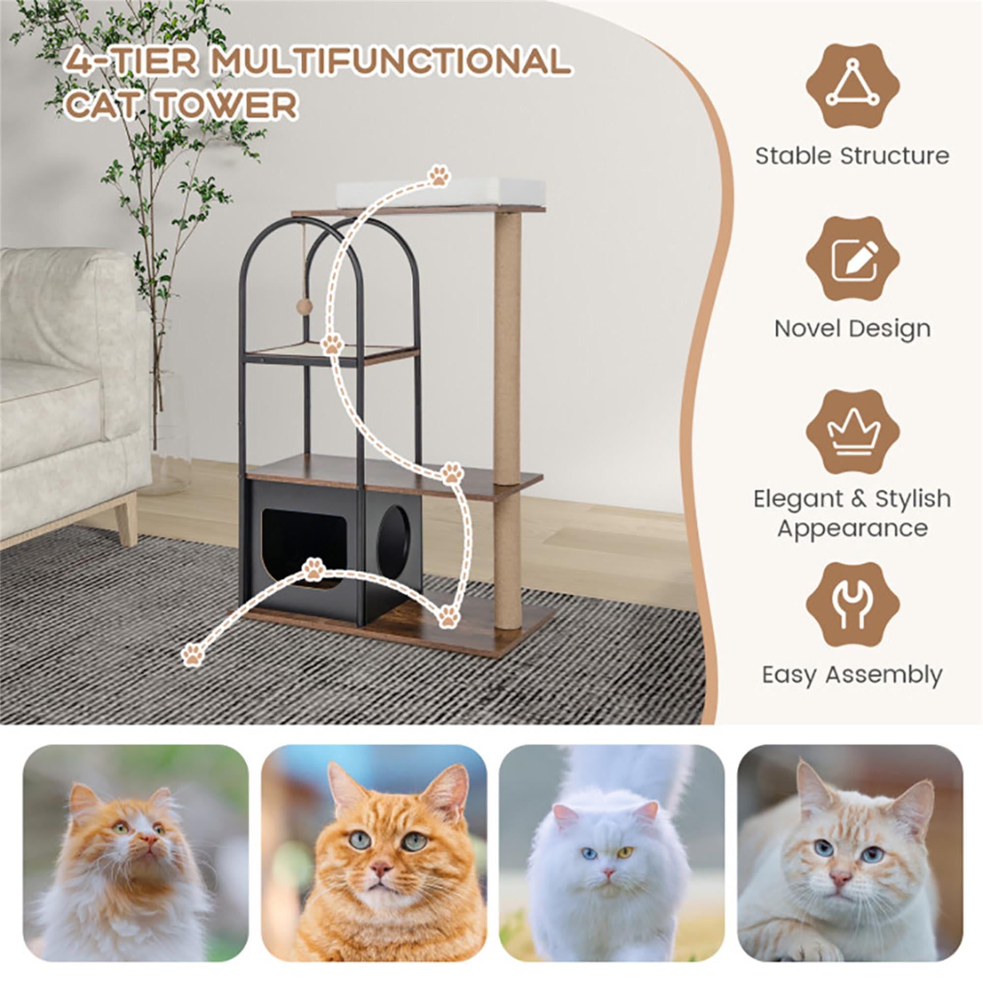 Kadyn 47" Wood Cat Tree Tower Furniture, Cat Condo with Metal Frame, Scratch Post for Kittens Cat Tree House, Black
