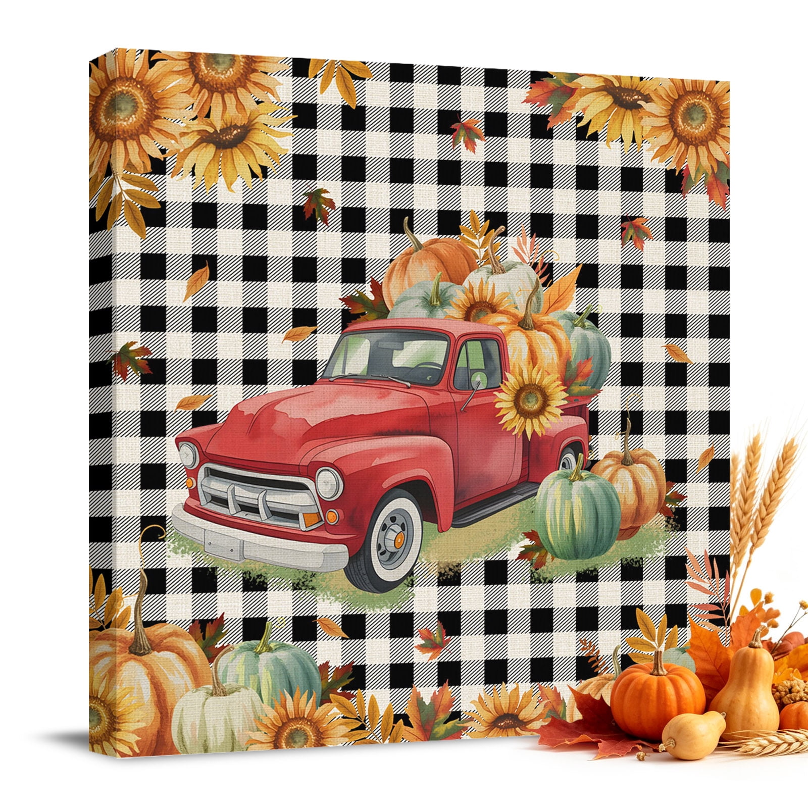 Canvas Print Wall Art Oil Paintings Thanksgiving Pumpkin Red Truck Picture Prints Artwork for Living Room Kitchen Bathroom Bedroom