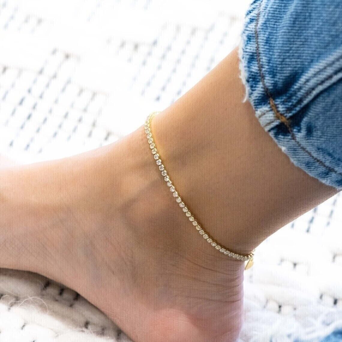 5CT Round Cut Lab-Created Diamond Women's Anklet 9.5in 14K Yellow Gold Plated Sterling Silver