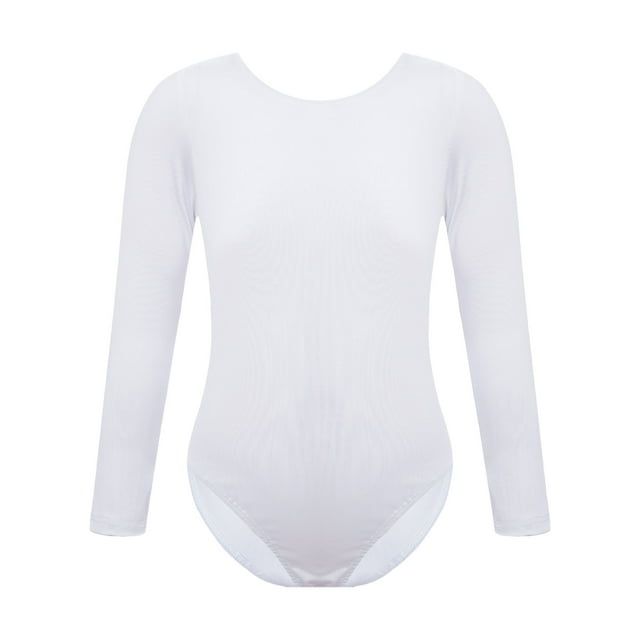 Mufeng Justaucorps Basique pour Filles, Manches Longues, Gymnastique, Ballet, Danse, sous-Vêtement, Blanc, Col Rond 120