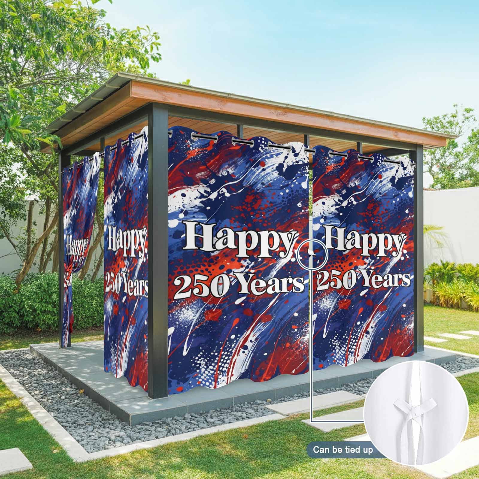 Happy 250 Years Outdoor Curtains for Patio, Independence Day Blue Red White Splash Sunshade Privacy Drapes Grommet Waterproof Outside Curtains for Porch/Cabana/Balcony 54"x 108", 1 Panel