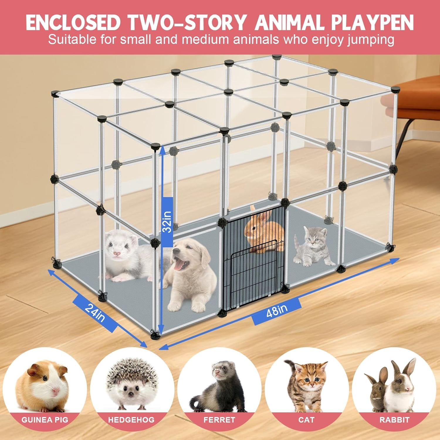 48" x 32" x 24" Transparent Playpen with Waterproof Mat,Plastic Enclosure,Puppy Play Pen for Chicken,Pet Fence for Guinea Pigs,Bunny,Ferrets,Hamsters,Hedgehogs Indoor