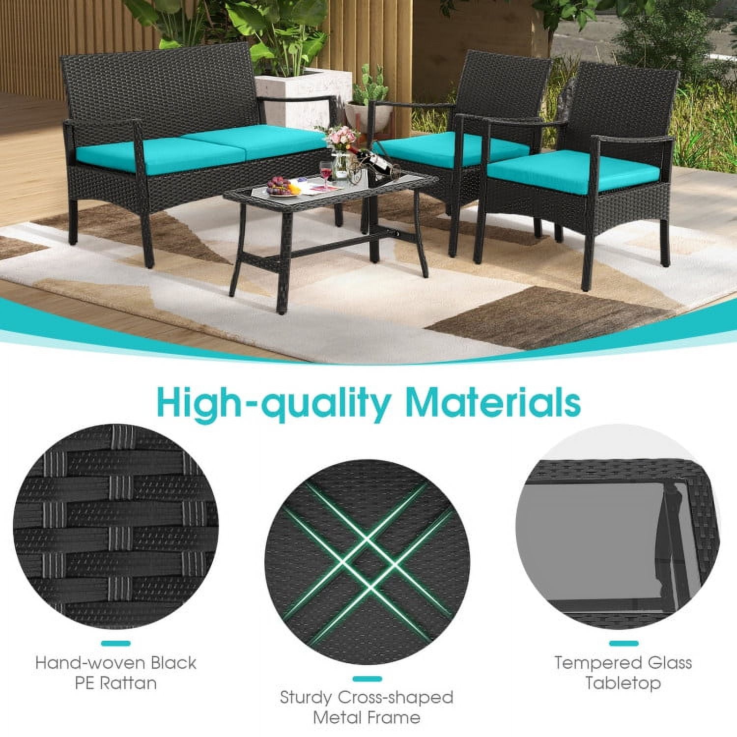 Aimee Lii 4 Pieces Rattan Conversation Set, Patio Table and Chairs Set, Outdoor Patio Set with Tempered Glass Coffee Table, Turquoise