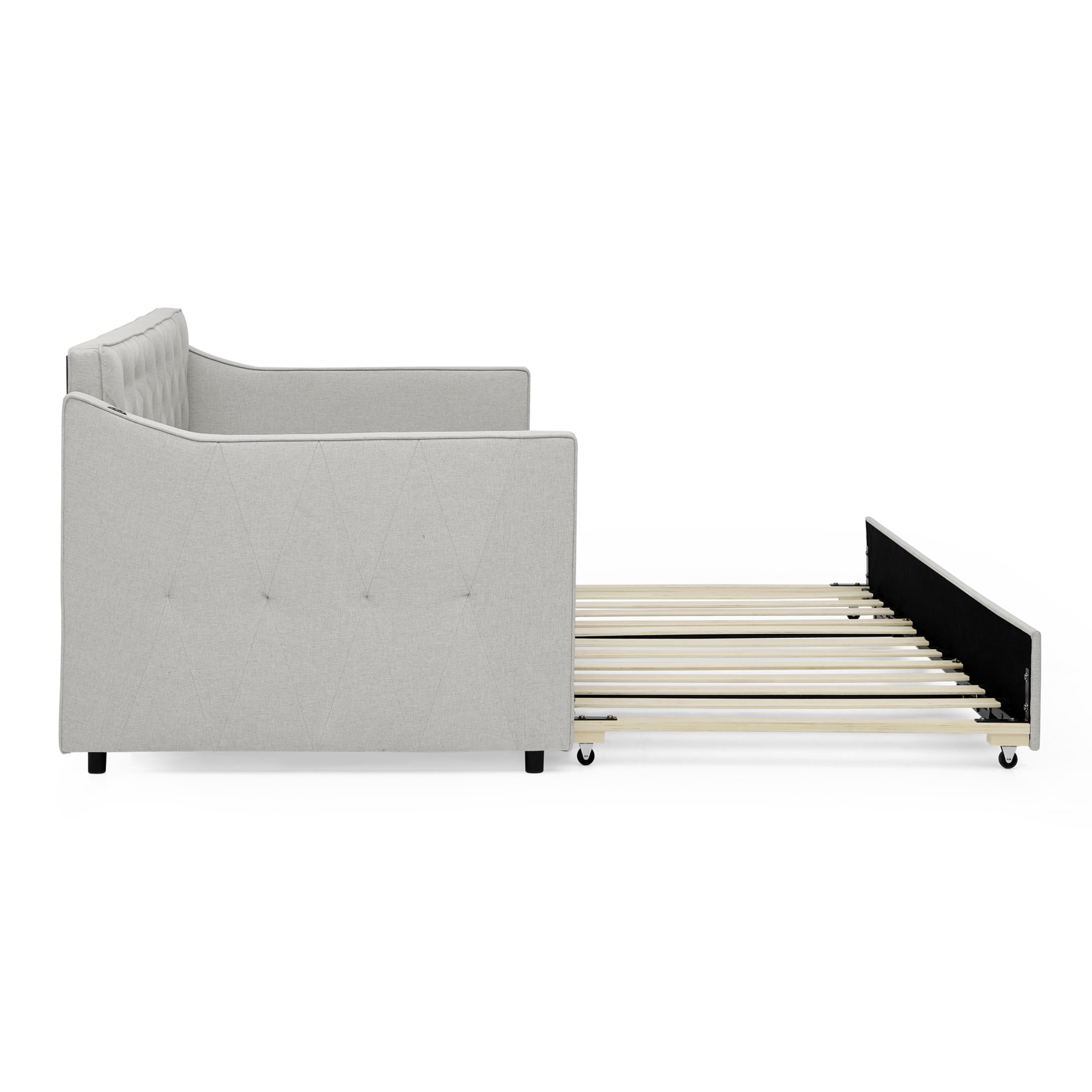 Noble House Belric Twin Size Linen Tufted Daybed, Sofa Bed Frame with Pop-Up Trundle and Built-In Charging Port, Beige