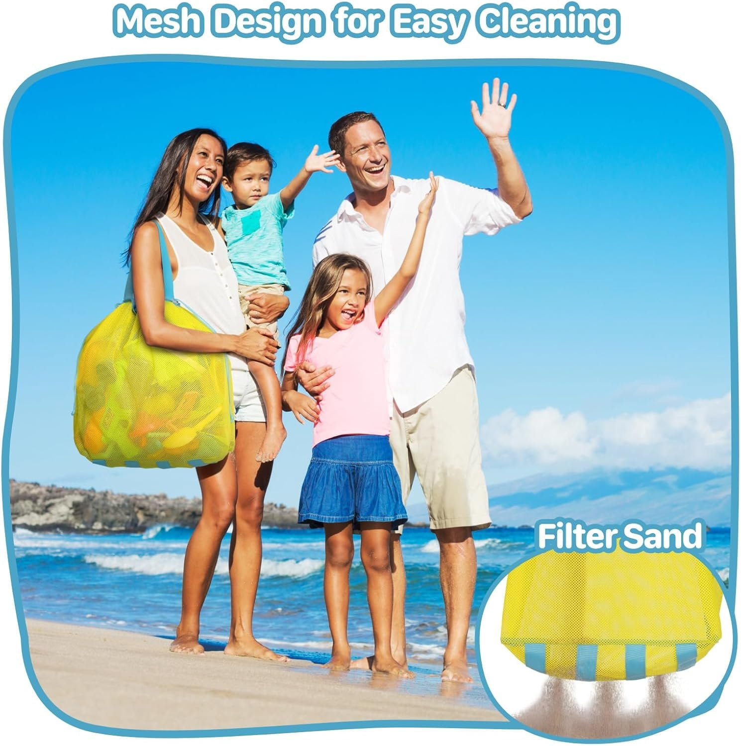 Mesh Beach  Bag With Drawstring - Lightweight Tote for Sand Toys, Foldable Beach Bag for Beach Pool Travel Essentials, Bright Yellow