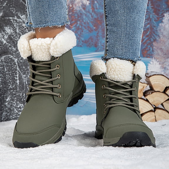 Women's Winter Snow Boots Waterproof Anti-Slip Ankle Booties with Faux Fur Lining Cozy Lace-Up Short Boots for Cold Weather City Walk Green Size 6