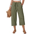 thumbnail image 2 of Capri Pants for Women Summer Loose Palazzo Wide Leg Trousers Drawstring Casual Flowy Pull On Capris with Pockets Army Green L, 2 of 5