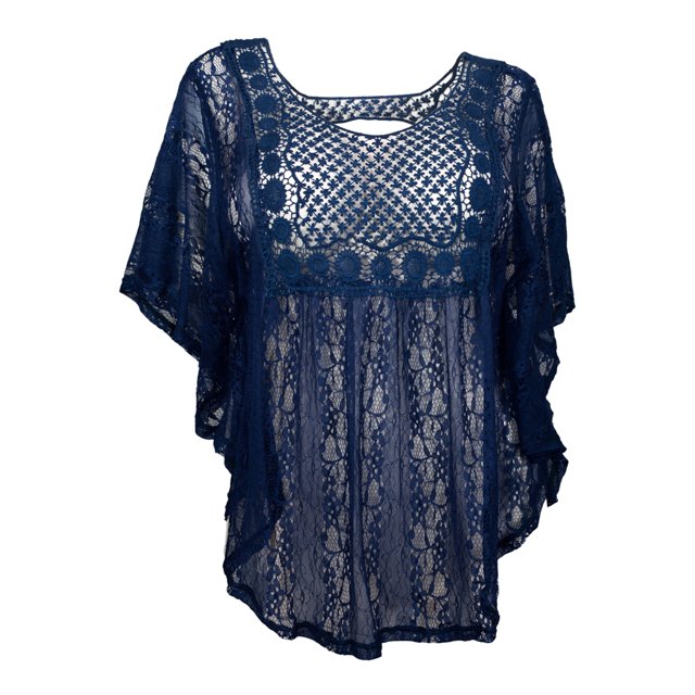 Evogues Plus Size Sheer Crochet Lace Poncho Top Navy Blue 7562