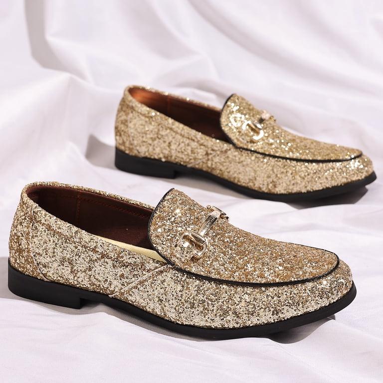 Cosidram Men's Glitter Dress Shoes Metallic Sequins Tuxedo Luxury Gold Buckle Loafers Slip-on Wedding Party Shoes, Size: 8