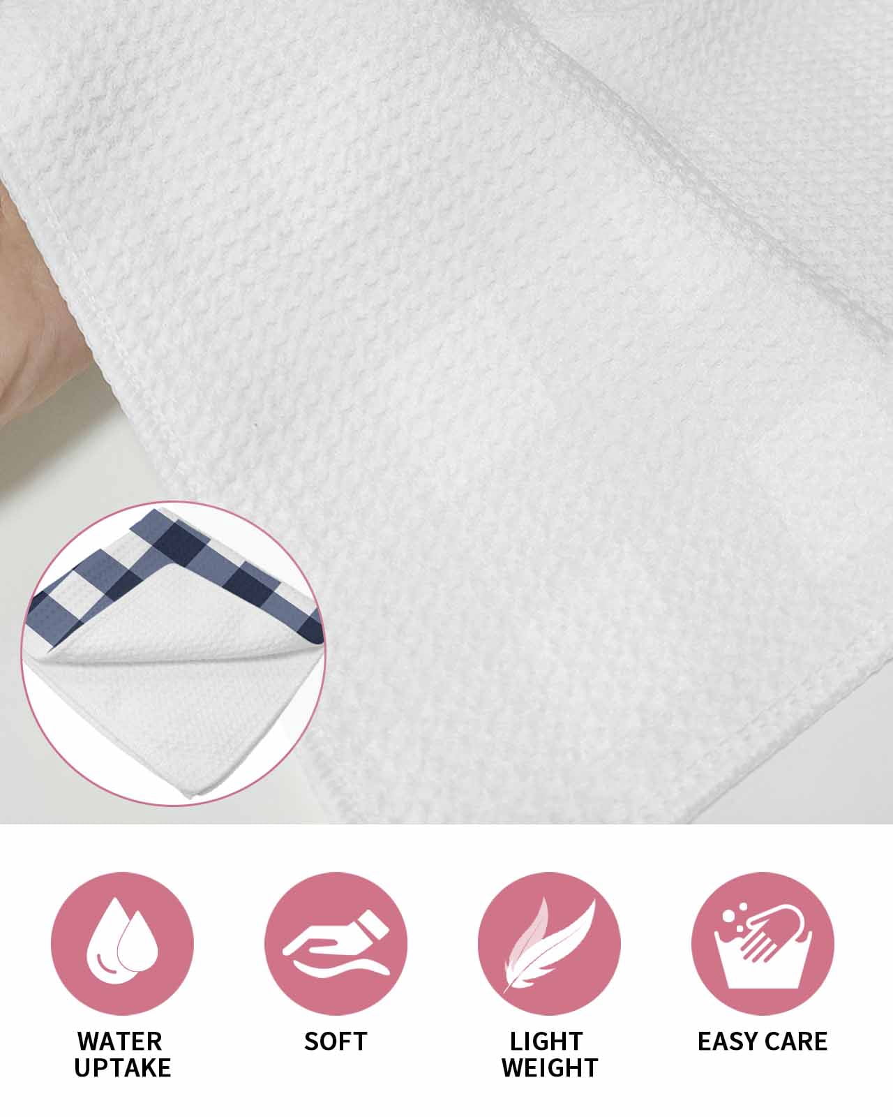 Navy Blue Check Kitchen Dish Towels for Drying Dishes Set of 2, Farmhouse Buffalo Plaid Blue Waffle Weave Microfiber Hand Tea Bathroom Towels Quick Dry & Absorbent Towel 15.7x23.6