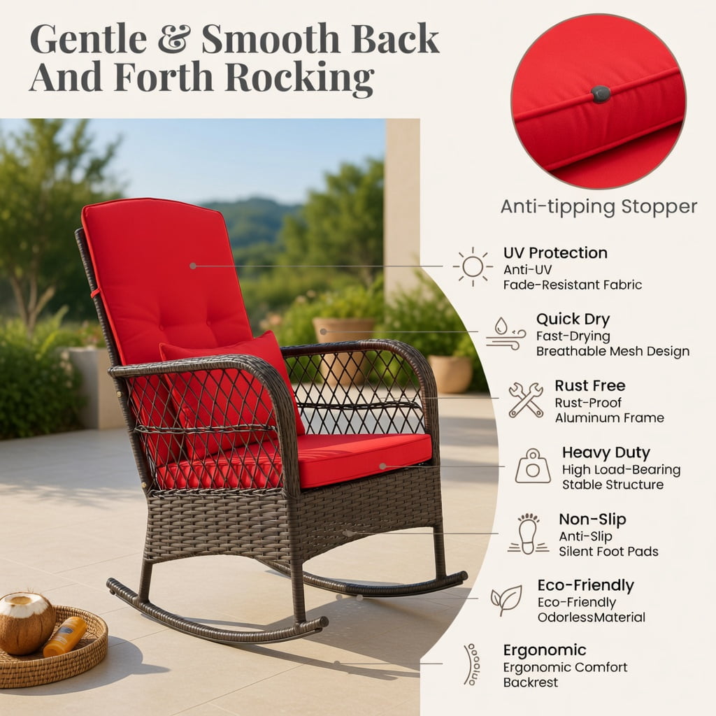 Hommoo 3-Piece Rocking Bistro Set with 2-Tier Tempered Glass Coffee Table, PE Rattan Outdoor Chairs, Red
