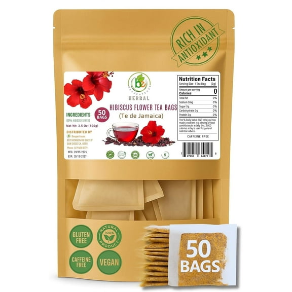 Hibiscus(Jamaica) Premium Flowers Tea Bags – 50 Count (2 g Each) – 100% Natural – Vacuum-Sealed for Freshness – Non-GMO, Sugar-Free, Gluten-Free, Caffeine-Free – Tart & Refreshing Hot or Iced Tea