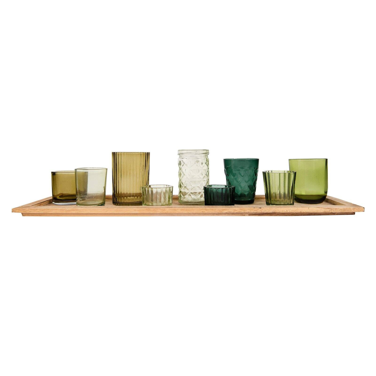 Wood Tray with (4) Votive Holders, Taper Holder & Tree, Set of 7