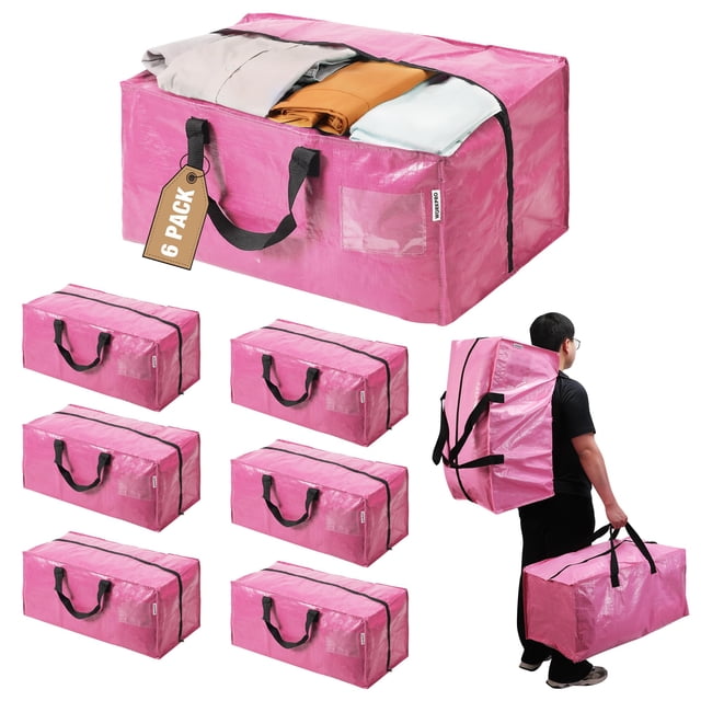 WORKPRO Paquete de 6 bolsas extra grandes para mudanzas con cremalleras y asas de transporte, correas para mochila, bolsa de almacenamiento resistente para ahorrar espacio en mudanzas (rosa)