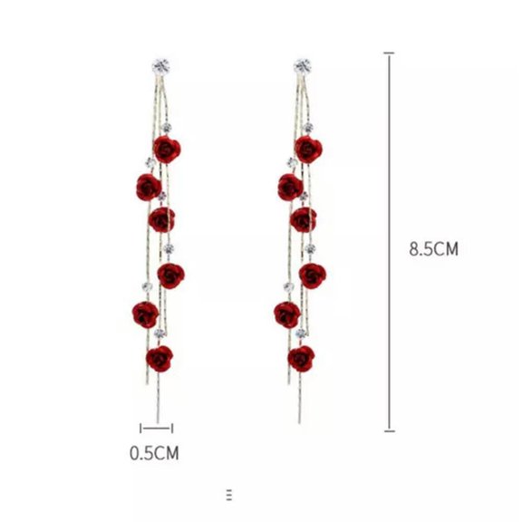 GKNET Elegant Rose Flower Long Tassel Crystal Earrings Stud Drop Dangle Women Jewelry-Red