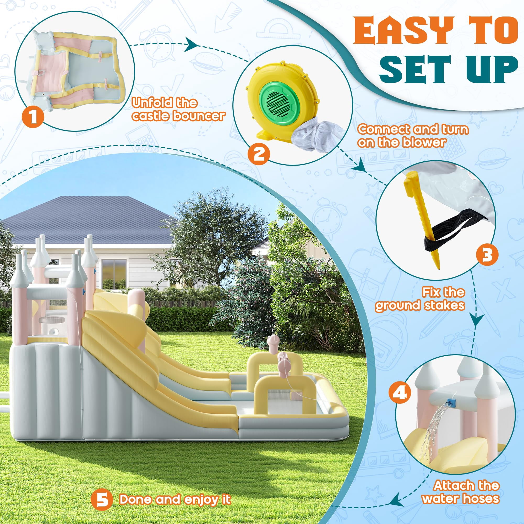 LUXOAK Inflatable Bounce House, Water Slide with Jumping Area, Climbing Wall, Splash Pool and Water Gun, Pastel Color for Beach, 177x163x94 inch