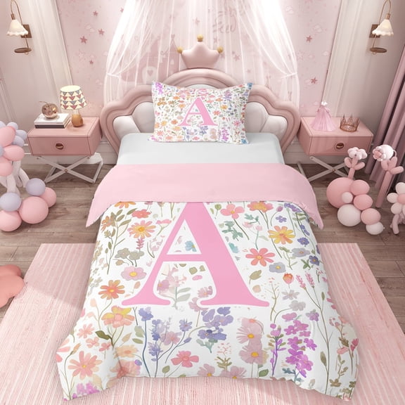 Erosebridal Girls Pink Flower Twin Bedding, Garden Floral Duvet Cover Set, Personalized Initial A, Pink Reversible, 1 Duvet Cover and 1 Pillowcase (No Comforter)