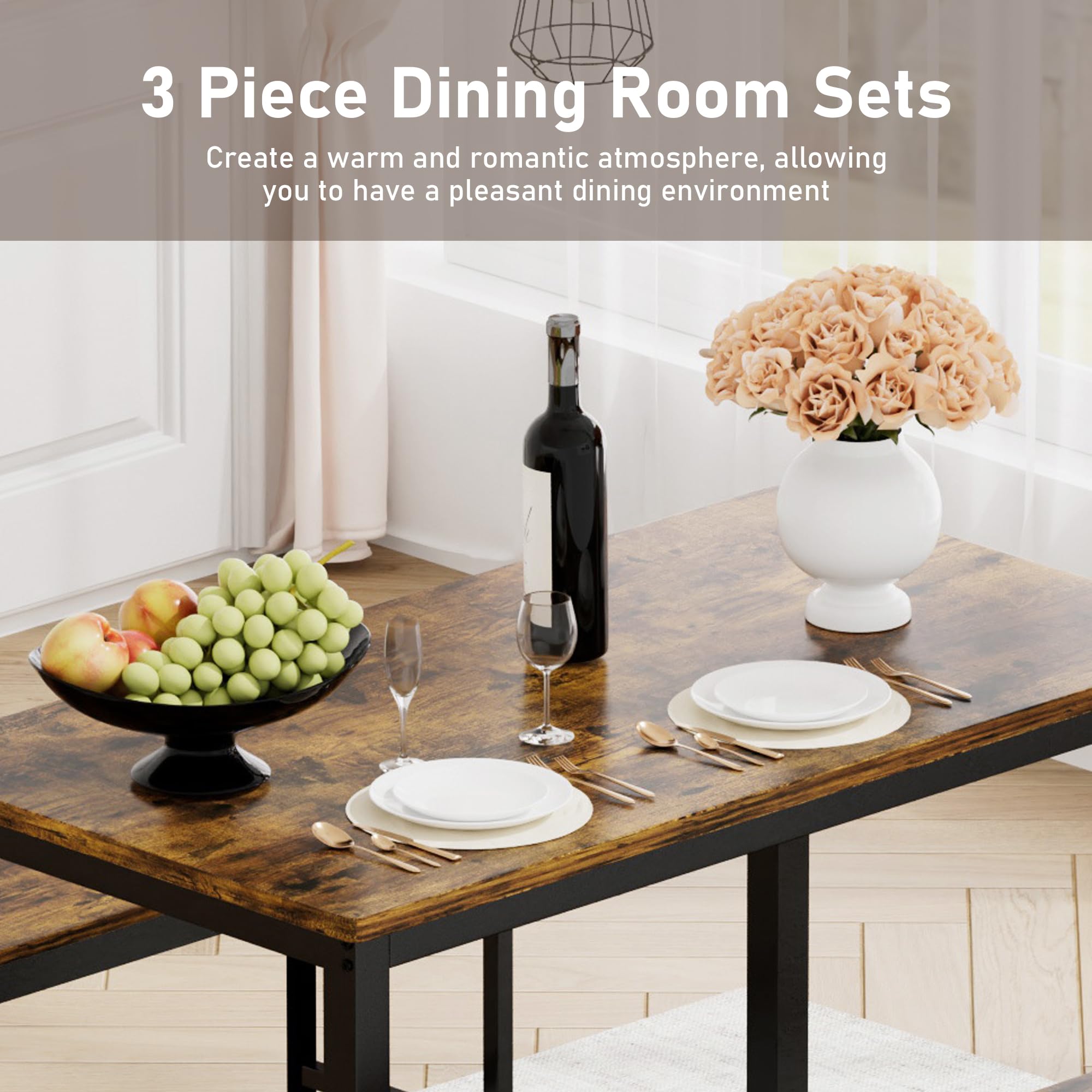 Aukfa 43.3" Dining Table Set for 4, Small Kitchen Table Set with 2 Benches for Living Room Dining Room,Brown
