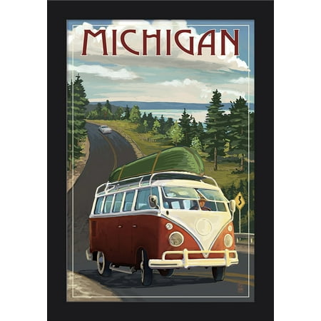 Michigan - Camper Van & Lake - Lantern Press Artwork (12x18 Giclee Art Print, Gallery Framed, Black