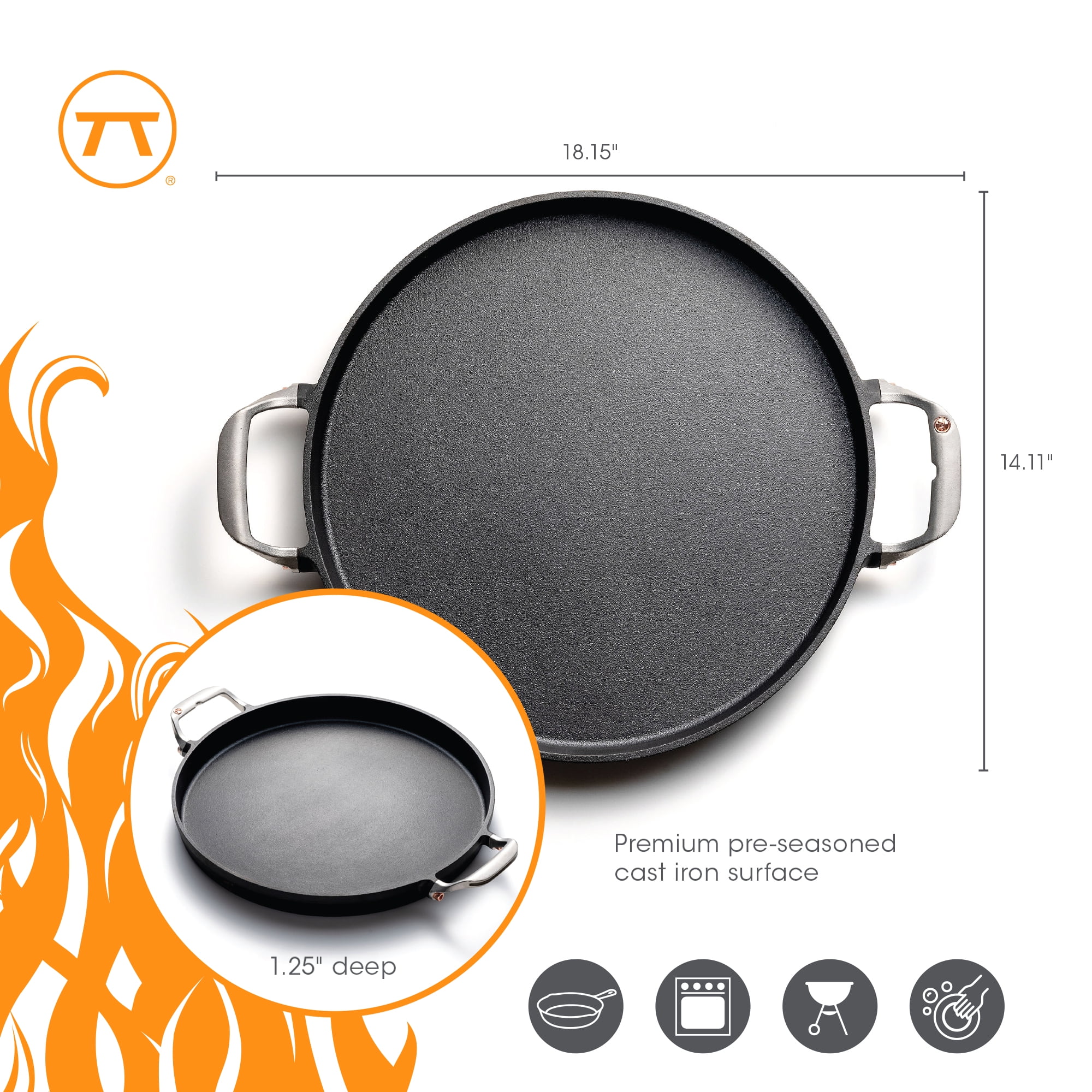 Outset 18.15 in Round ‎Oven-safe ‎Cast Iron Grill Pan