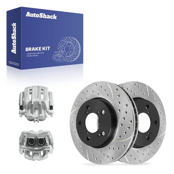 AutoShack Front Vented Drilled & Slotted E-Coated Brake Rotors   Calipers 4-PC Brake Kit Replacement for 2005-2010 Honda Odyssey ShadowGuard 11.65" (296 mm)