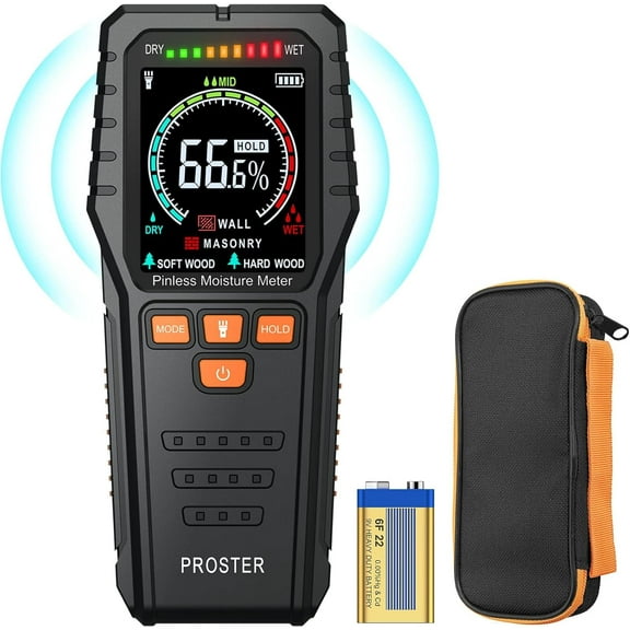 Proster Pinless Wood Moisture Meter - Non Destructive Moisture Tester for Wood Wallboard Masonry, Detect up to 3/4 Inch Below Surface, Backlit Color LCD, Visual Audible Alarm