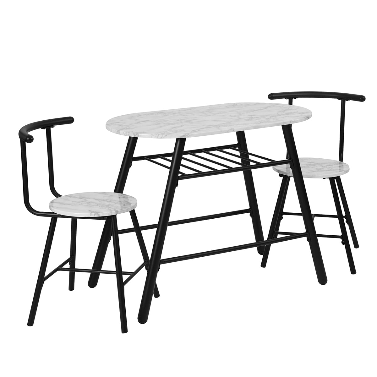 Private Jungle Dining Set Compact 2 Chairs and Table Set with Metal Frame and Shelf Storage Bistro Pub Breakfast Space Saving - marble & white Private Jungle Dining Set Compact 2 Chairs and Table Set with Metal Frame and Shelf Storage Bistro Pub Breakfast Space Saving - marble & white