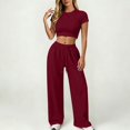thumbnail image 2 of TZZQ Womens 2 Piece Matching Lounge Sets Slim Fit Short Sleeve Scoop Neck Crop Tops Low Rise Drawstring Baggy Wide Leg Pants with Pockets Stretchy Fitted Sets Basic Going Out Outfits Wine L, 2 of 3