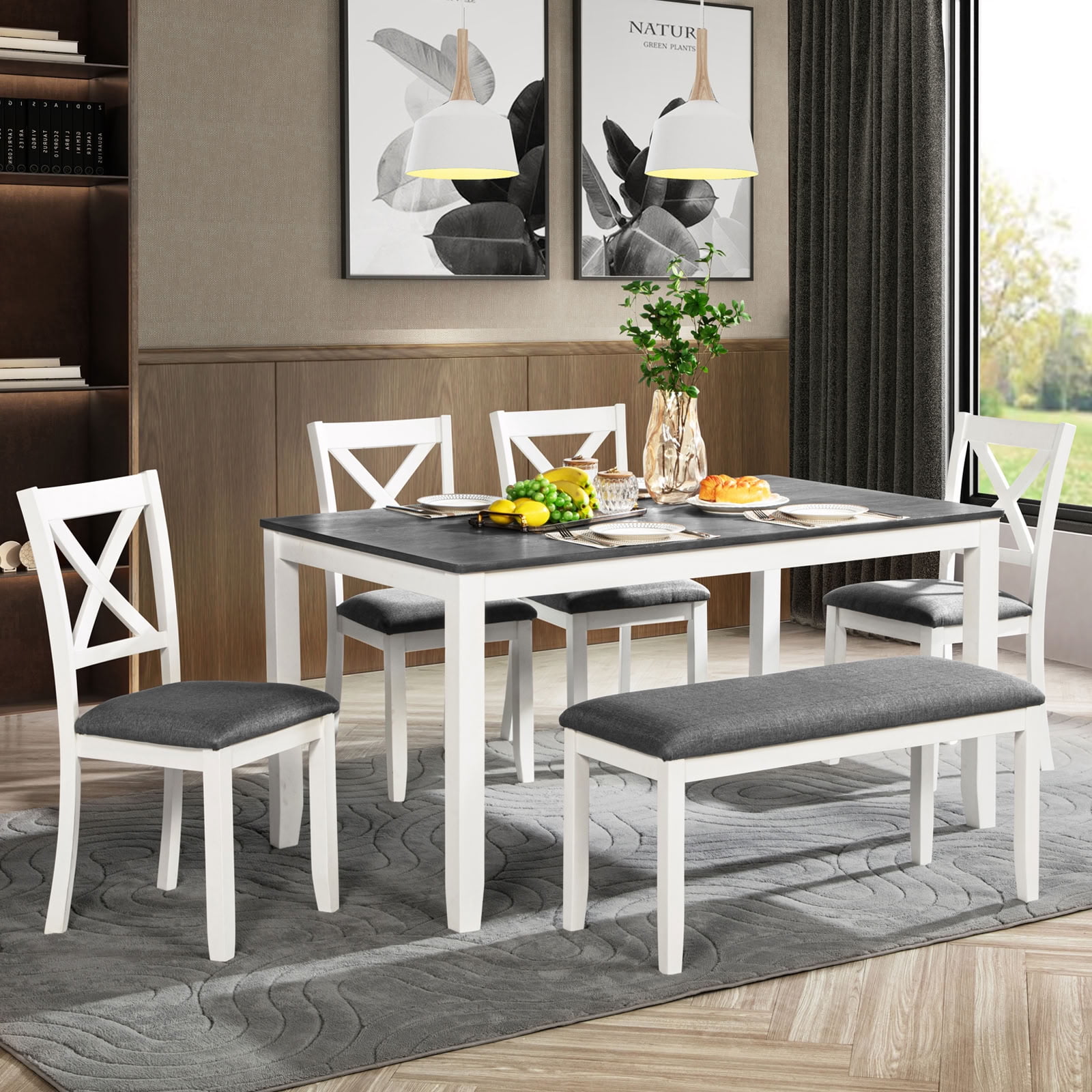 MAYEERTY 6-Piece Dining Table Set with Bench, Wood Dining Set for 6, Space-Saving for Kitchen Dining Room Apartment, Grey & White
