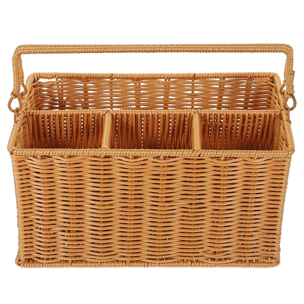 Cesta de ratán sintético tejida a mano para picnic, organizador de cubiertos, soporte para cubiertos y organizador de herramientas.