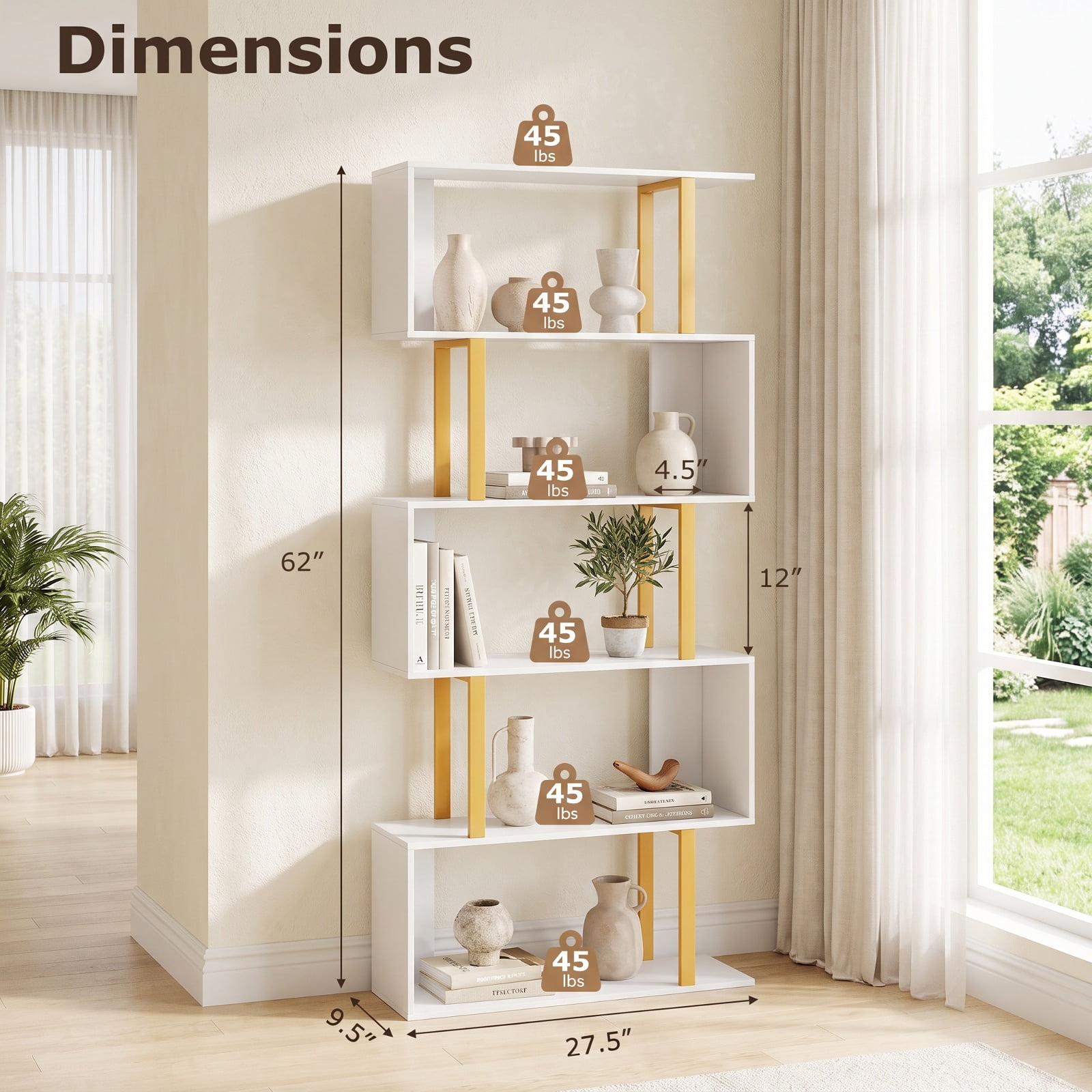 Furnibear 5-Tier/6-Tier Geometric Bookcase with Metal Frame and Anti-tipping Kits-5 Tier for Living Room Home Office Bedroom Display Storage, White