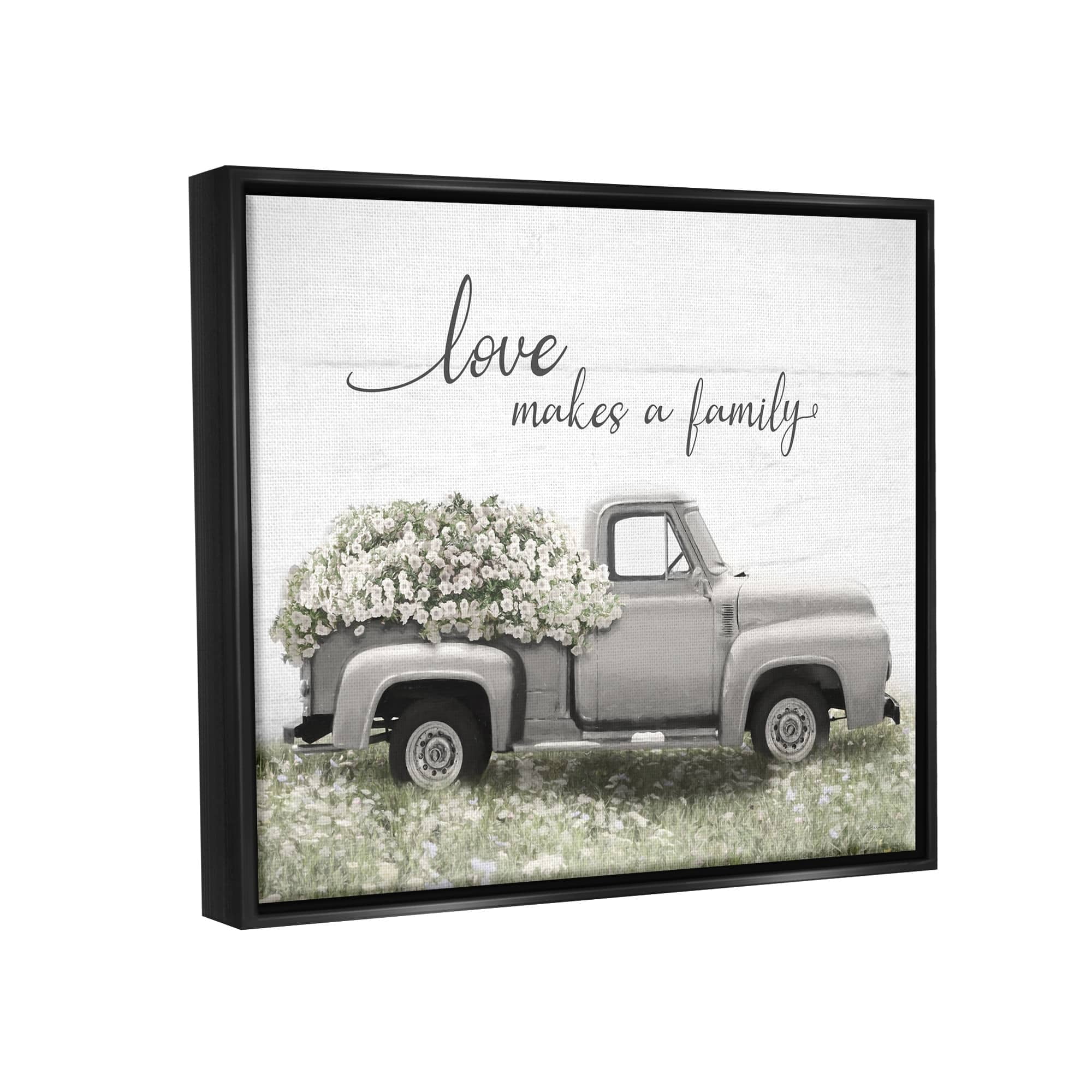 Stupell Industries Love Makes Family Flower Blossom Filled Truck Graphic Art Jet Black Floating Framed Canvas Print Wall Art, Design by Lori Deiter