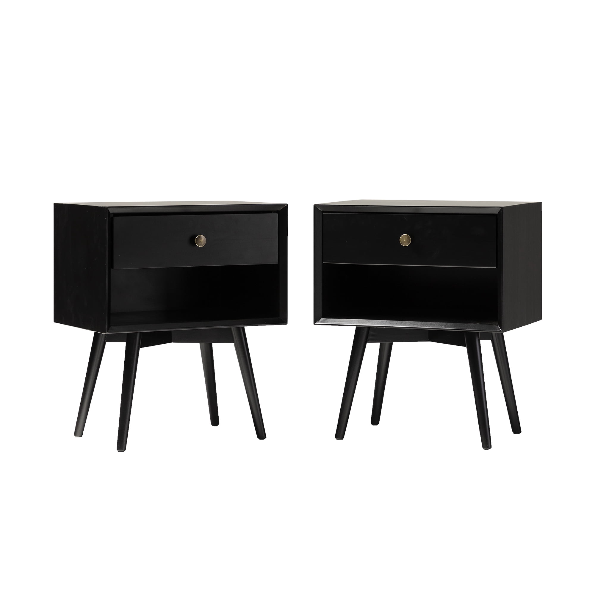 Walker Edison Mid-century Modern 1 Drawer Nightstand, Set of 2, Black