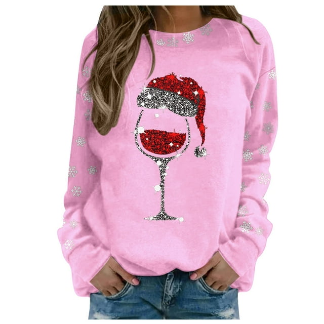 Glisme Chandail en Molleton de Noël pour Femmes Col Rond Imprimé Chandail Manches Longues Haut Basique Ample Usage Quotidien Rose