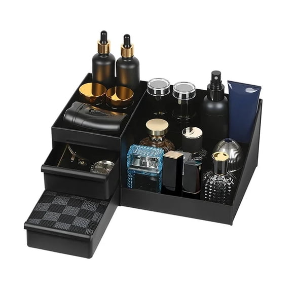 Mens Fragrance Organizer Perfume Cologne Stand Display Holder with Drawers Countertop Grooming Storage Caddy Dresser Top Organizer for Watches Rings Black